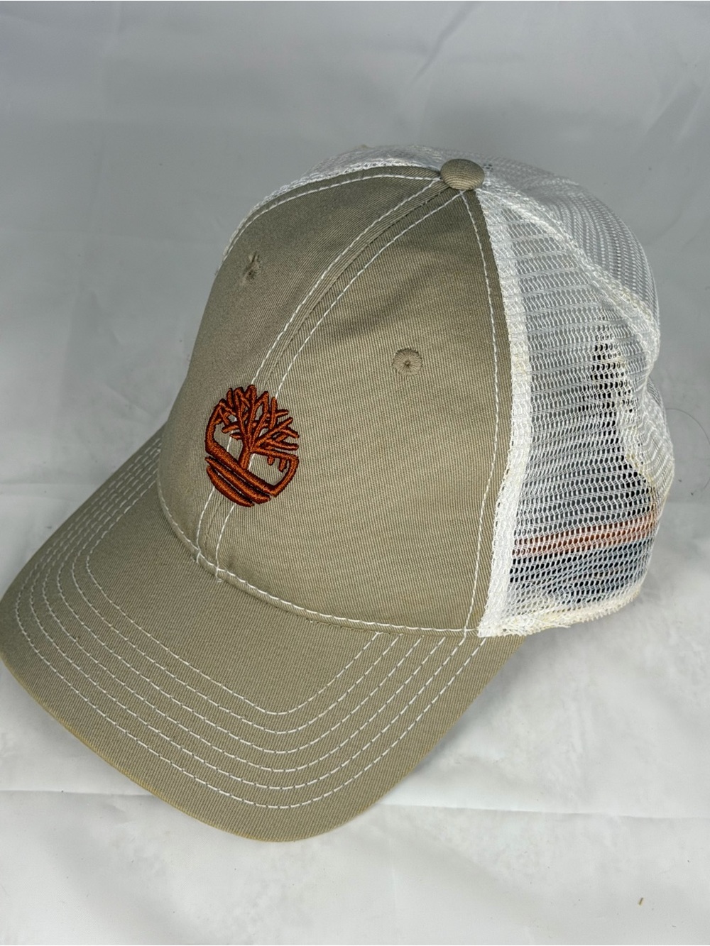 Timberland Khaki and White Trucker Cap with Orange Logo